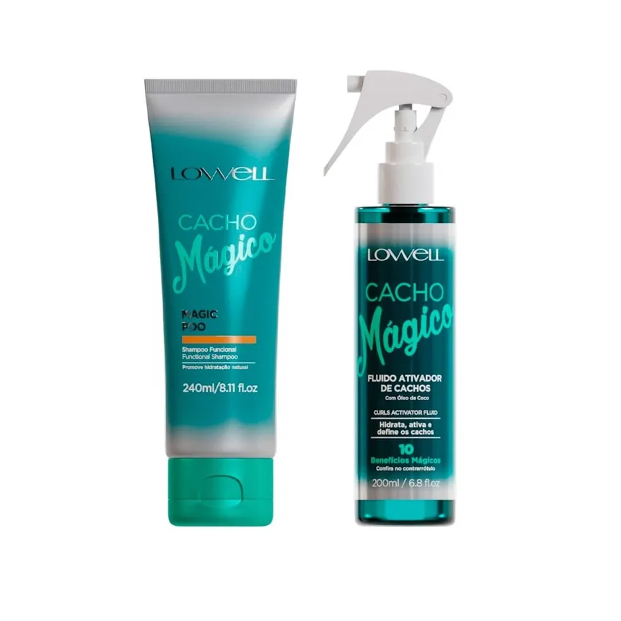 Kit Lowell Cacho Mágico Shampoo Funcional 240ml + Fluido Ativador para Definição e Hidratação dos Cachos 200ml