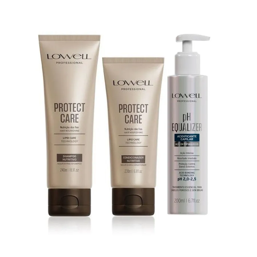 PH Equalizer Acidificante Capilar + Shampoo e Condicionador Protect Care Lowell Professional para Cabelos Nutridos e Protegidos