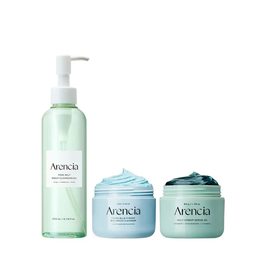 Kit Arencia Facial - Máscara de Limpeza Rice Mochi Blue Hyssop 120g + Sérum Holy Hyssop 30 50g + Óleo de Limpeza Pore Melt Mochi 200ml