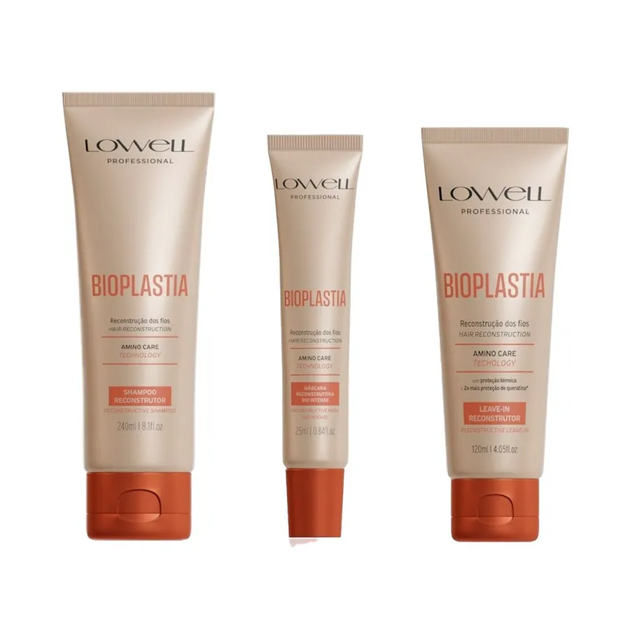 Kit Bioplastia Lowell Reconstrutor para Cabelos Danificados com Shampoo 240ml, Máscara 25ml e Leave-in 120ml