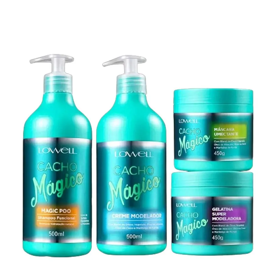 Kit Cacho Mágico Lowell para Cabelos Cacheados com Shampoo 500ml, Creme Modelador 500ml, Máscara Umectante e Gelatina 450g