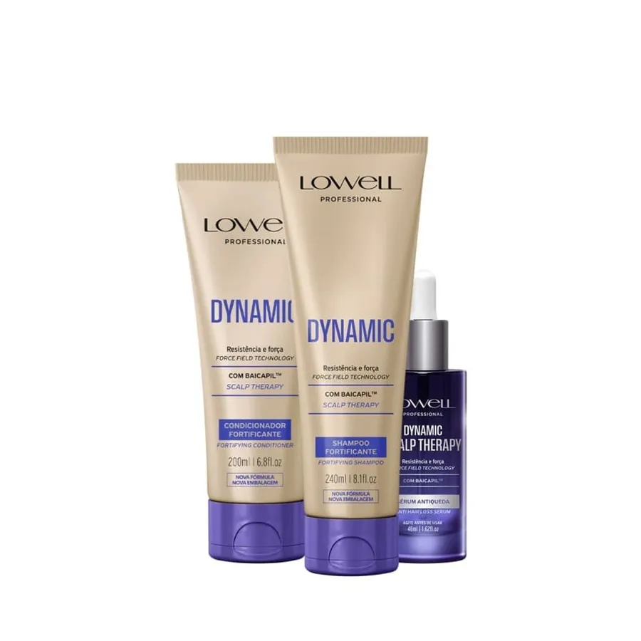 Kit Dynamic Scalp Therapy Lowell - Shampoo, Condicionador e Sérum Fortificante para Cabelos com Baicapil