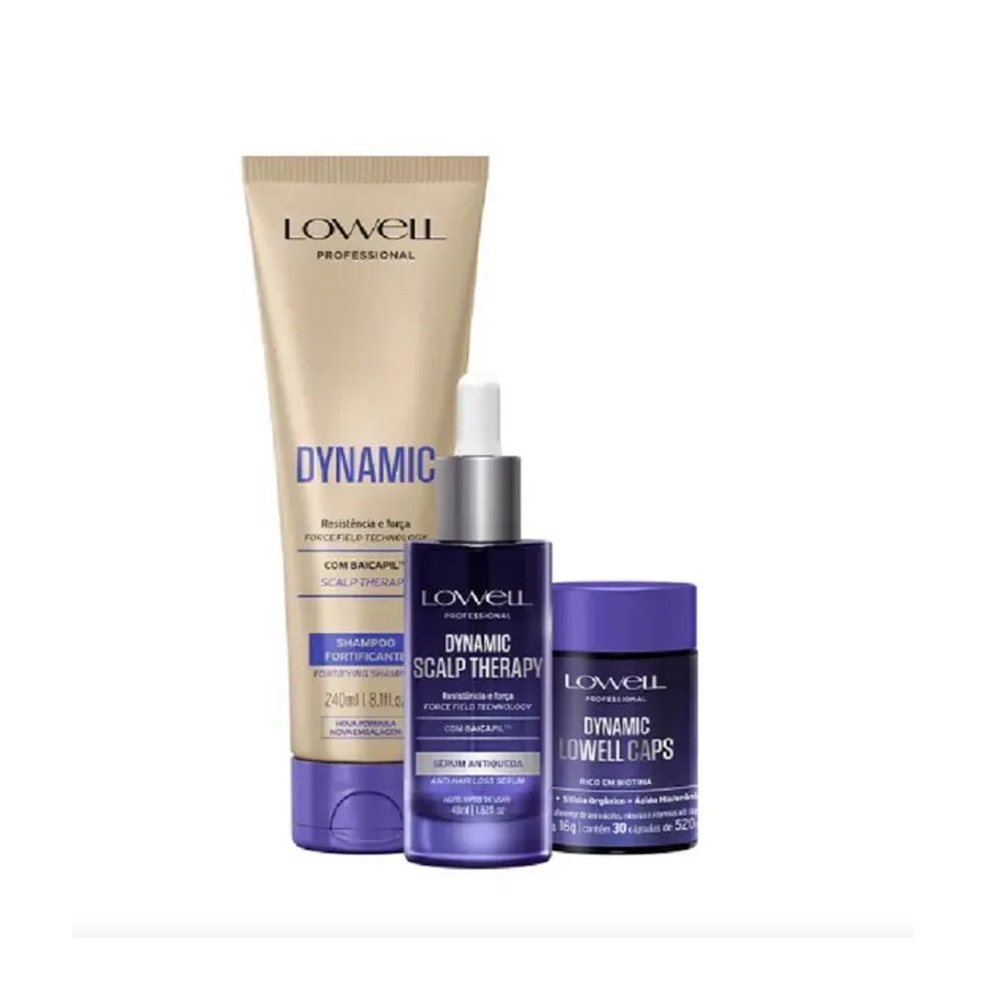 Kit Lowell Dynamic Força para Cabelos - Shampoo Fortificante, Serum Antiqueda e Caps Biotina