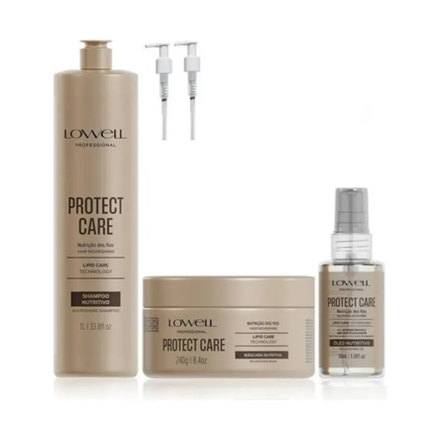 Kit Lowell Protect Care Shampoo 1L, Máscara 240ml e Óleo - Nutrição e Máxima Proteção para Cabelos 30ml