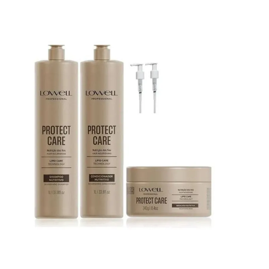 Kit Protect Care Lowell - Shampoo 1L, Condicionador 1L e Máscara para Nutrição e Restauração dos Fios 240ml