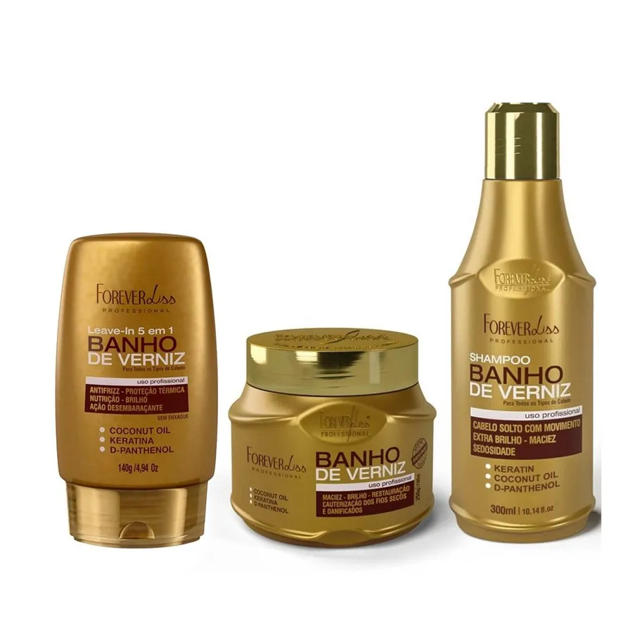 Kit Banho de Verniz Forever Liss com Shampoo, Leave-in e Máscara para Cabelos Brilhantes e Macios