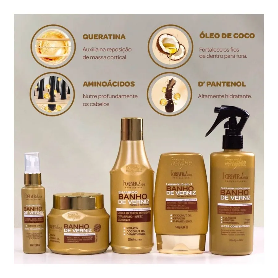 Kit Capilar Banho de Verniz Forever Liss Completo com Shampoo, Queratina, Máscara, Leave-in e Óleo de Coco