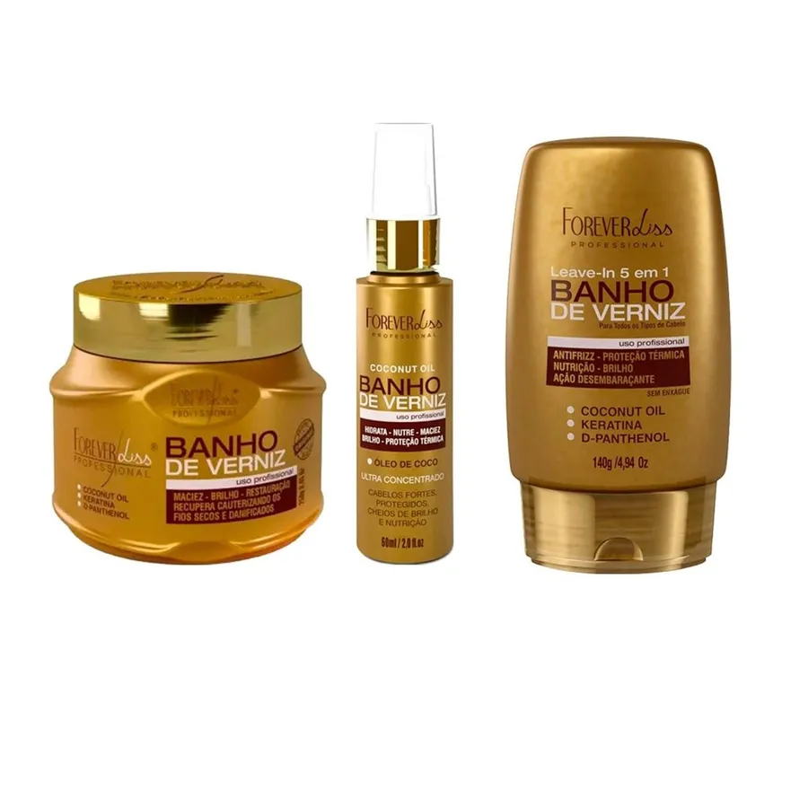 Kit Banho de Verniz Forever Liss com Máscara, Leave-in e Óleo de Coco - Hidratação, Brilho e Proteção Térmica