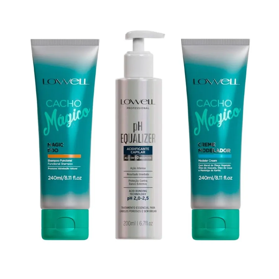 Kit Lowell Cachos Mágicos: pH Equalizer, Shampoo Funcional e Creme Modelador para Cachos Definidos e Hidratados