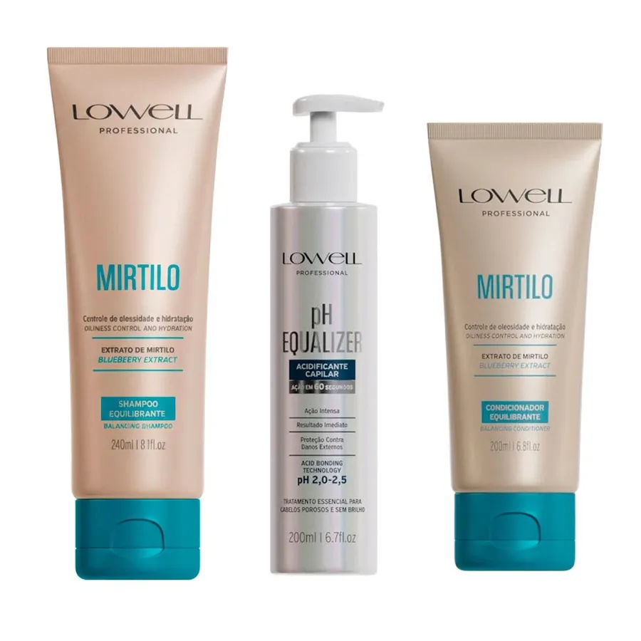Kit Lowell pH Equalizer Acidificante Capilar + Shampoo e Condicionador Mirtilo para Controle de Oleosidade e Hidratação