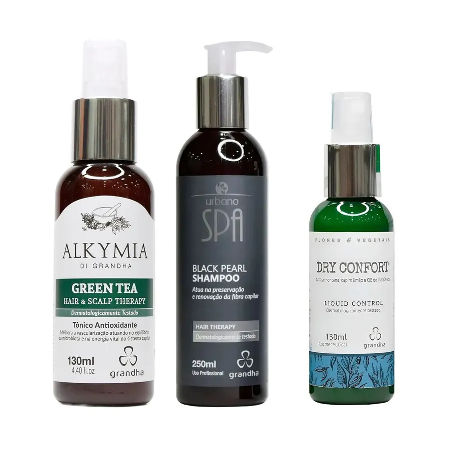 Kit Hair Therapy Grandha Black Pearl, Green Tea e Dry Confort - Tratamento Capilar Completo