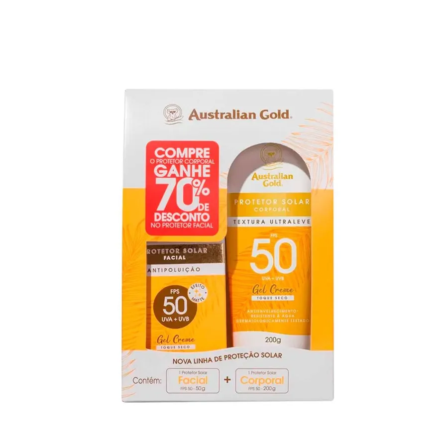 Kit Protetor Solar Australian Gold - Protetor Facial Fps 50 50g + Protetor Corporal Gel Creme Fps 50 200g