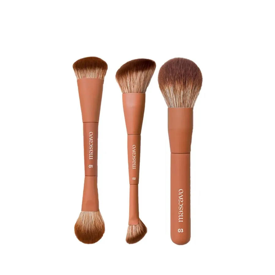 Kit Mascavo Pro Series Pincel de Maquiagem Duplo para Rosto + Duplo Angular + Multifuncional Rosto