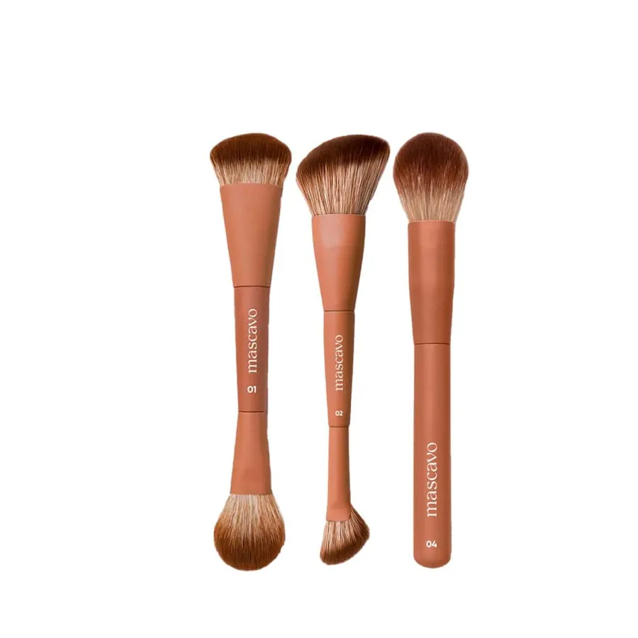 Kit Mascavo Pro Series Pincel de Maquiagem Duplo para Rosto + Duplo Angular + Acabamento e Retoque